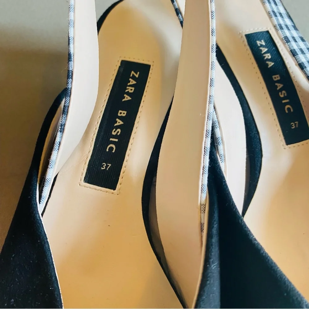 Zara Black Pointed Slingback Heels with Black-and-White Gingham Strap - Picture 7 of 8